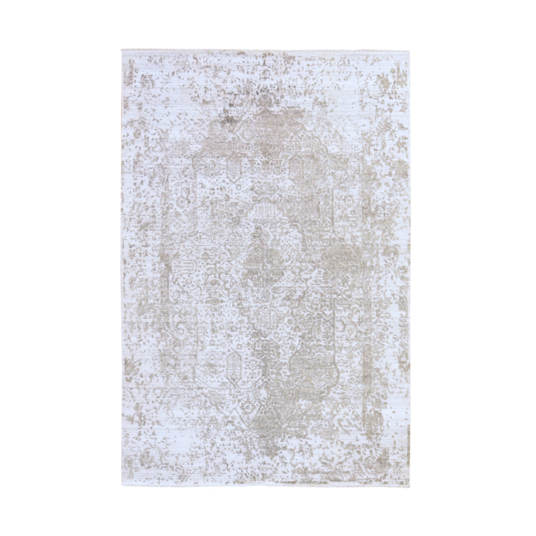 6'x9' Ash Gray, Broken and Erased Persian Design, Tone on Tone, Wool and Pure Silk, Hand Knotted, Oriental Rug 